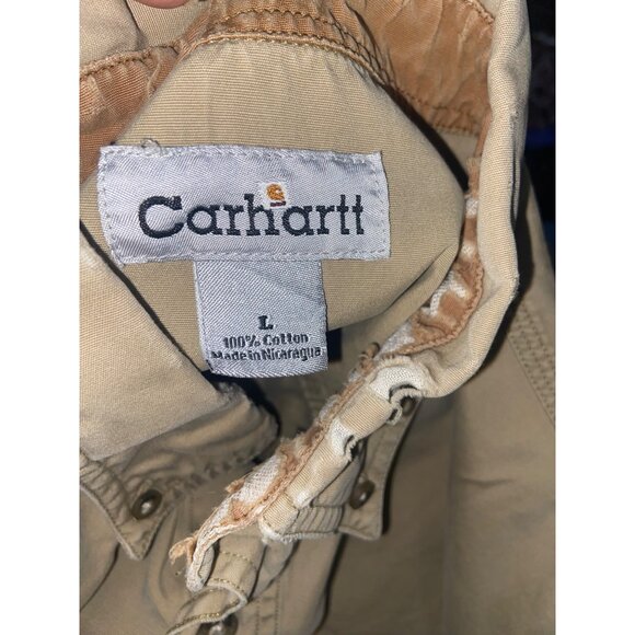 Carhartt Men Khaki Large Distressed Button-Up Shirt Cotton Long Sleeve - Picture 9 of 9